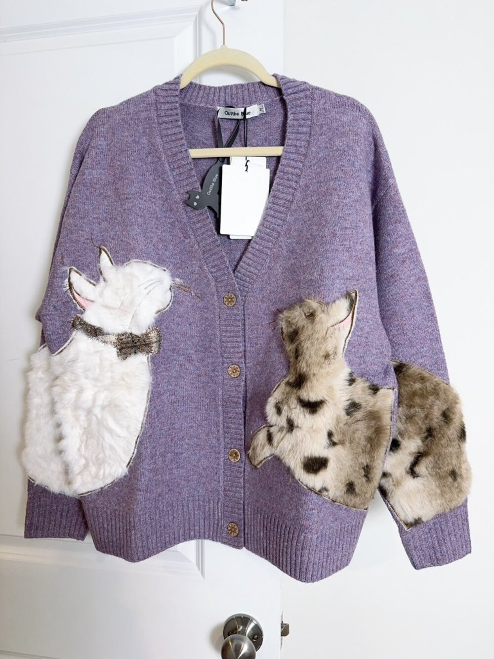 NWT Cute Fur Cat Cardigan Oversized Lavender Sweater Wool Blend Cardigan - Picture 3 of 8